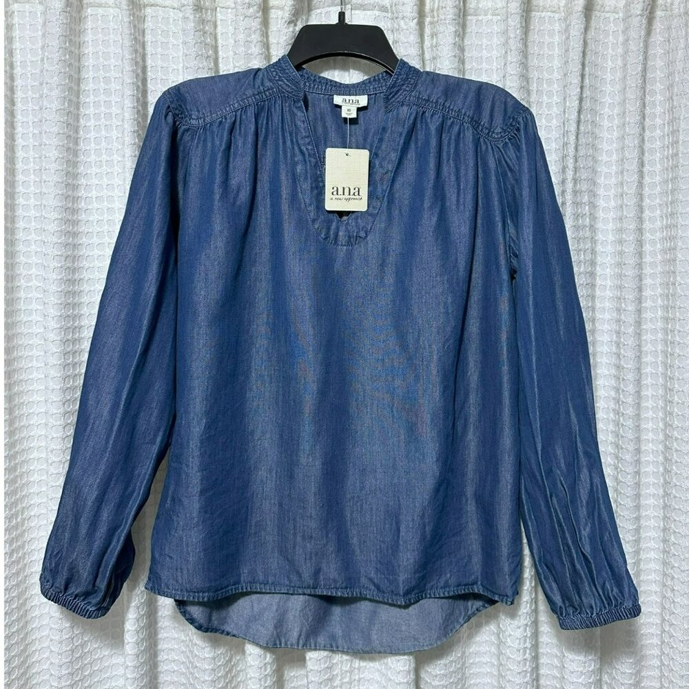 NWT A New Approach ANA Gathered Blue  Medium Wash Denim Long Sleeve Top Size XS